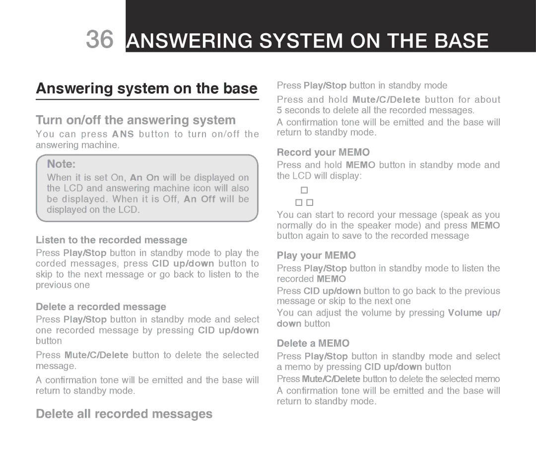 Oricom ECO7100-1 warranty Answering system on the base, Turn on/off the answering system, Delete all recorded messages 