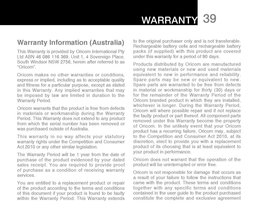 Oricom ECO7100-1 warranty Warranty Information Australia 