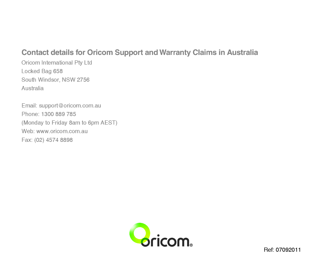 Oricom ECO7100-1 warranty 