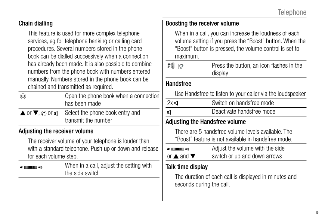 Oricom ECO800 manual Chain dialling, Deactivate handsfree mode Adjusting the Handsfree volume 