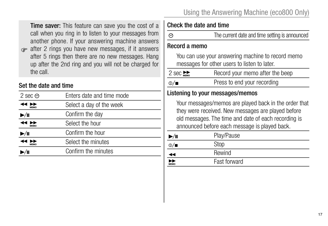 Oricom ECO800 manual Set the date and time Sec, Check the date and time, Record a memo, Play/Pause Stop Rewind Fast forward 