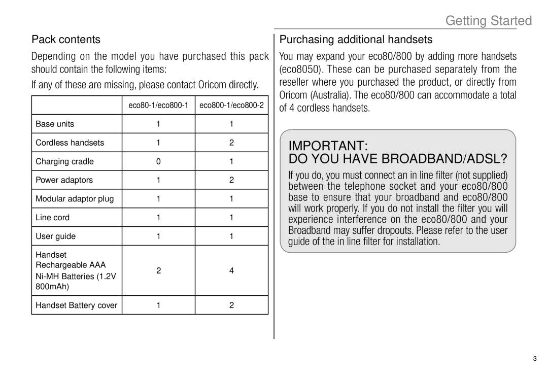 Oricom ECO800 manual Purchasing additional handsets, If any of these are missing, please contact Oricom directly 