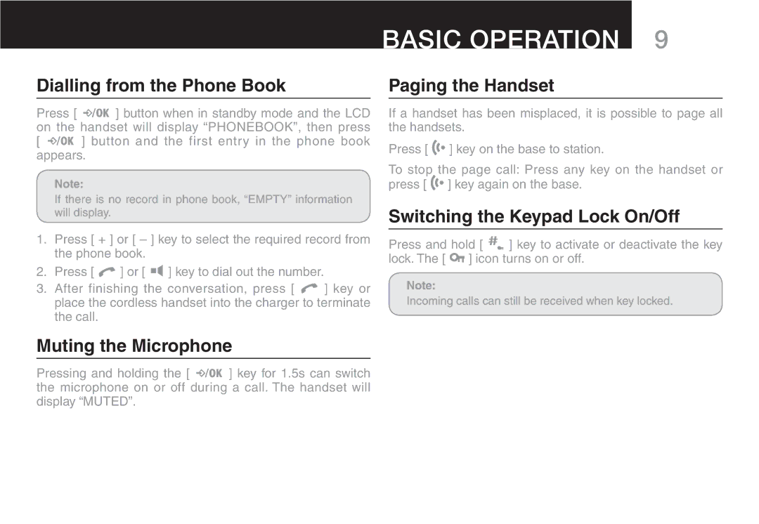 Oricom ECO90 Dialling from the Phone Book Paging the Handset, Switching the Keypad Lock On/Off, Muting the Microphone 