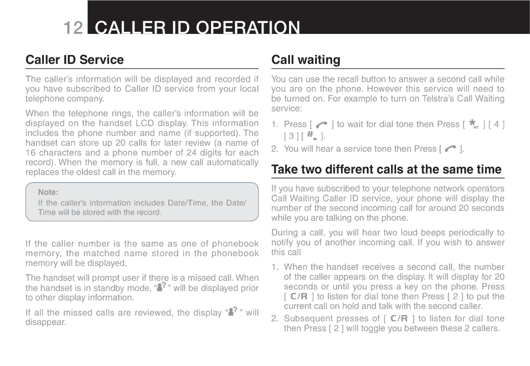 Oricom ECO90 manual Caller ID Operation, Caller ID Service, Call waiting, Take two different calls at the same time 