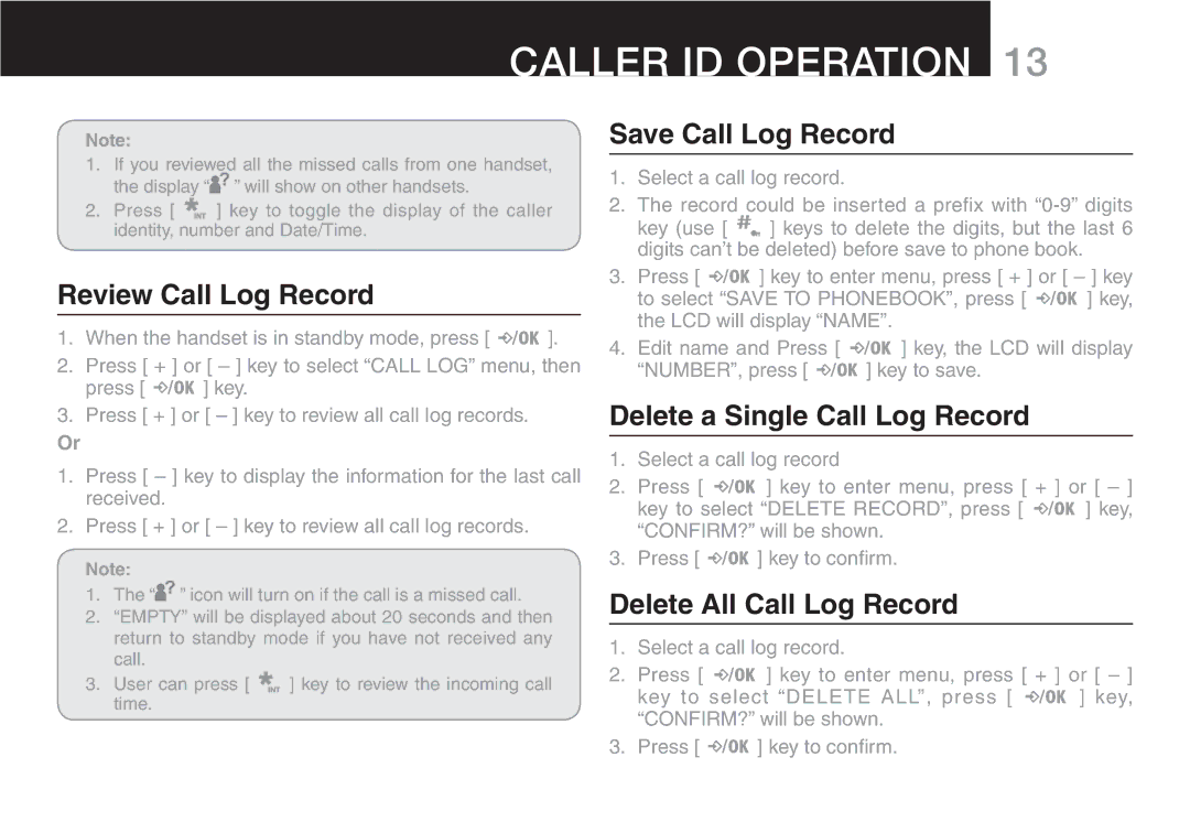 Oricom ECO90 Review Call Log Record, Save Call Log Record, Delete a Single Call Log Record, Delete All Call Log Record 