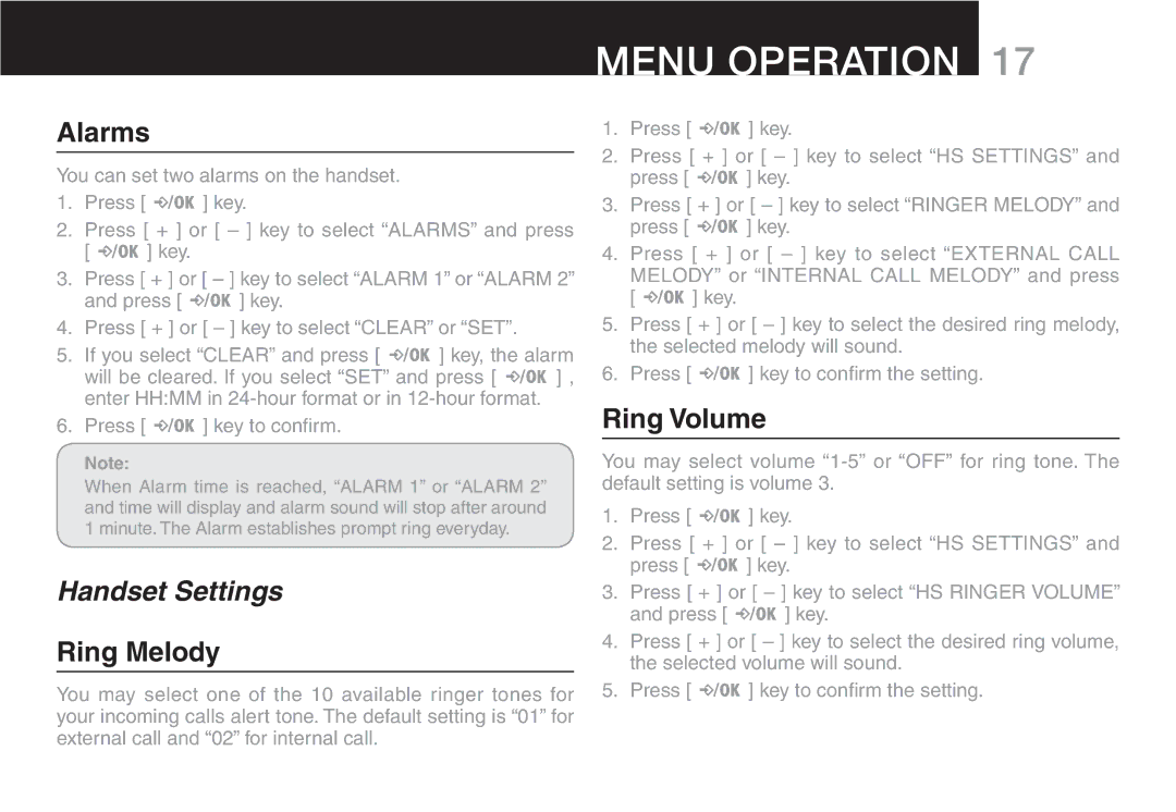 Oricom ECO90 manual Menu Operation, Alarms, Ring Melody, Ring Volume, 9OU can SET Twooalarms on THENHANDSET 