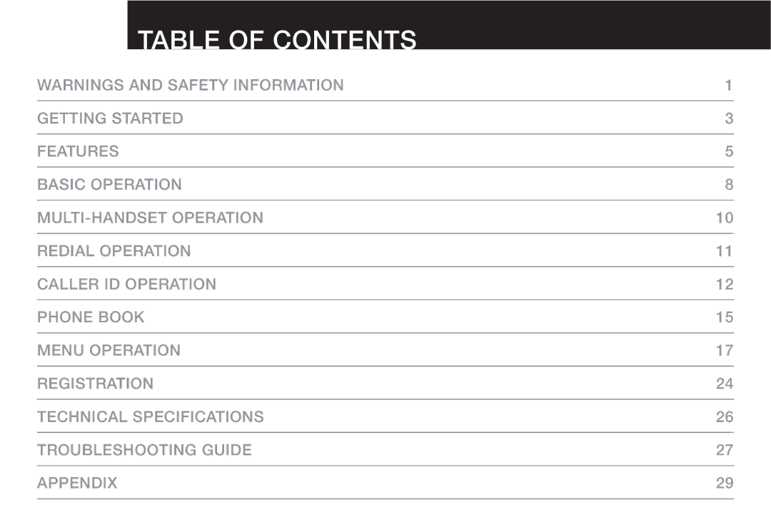 Oricom ECO90 manual Table of Contents 