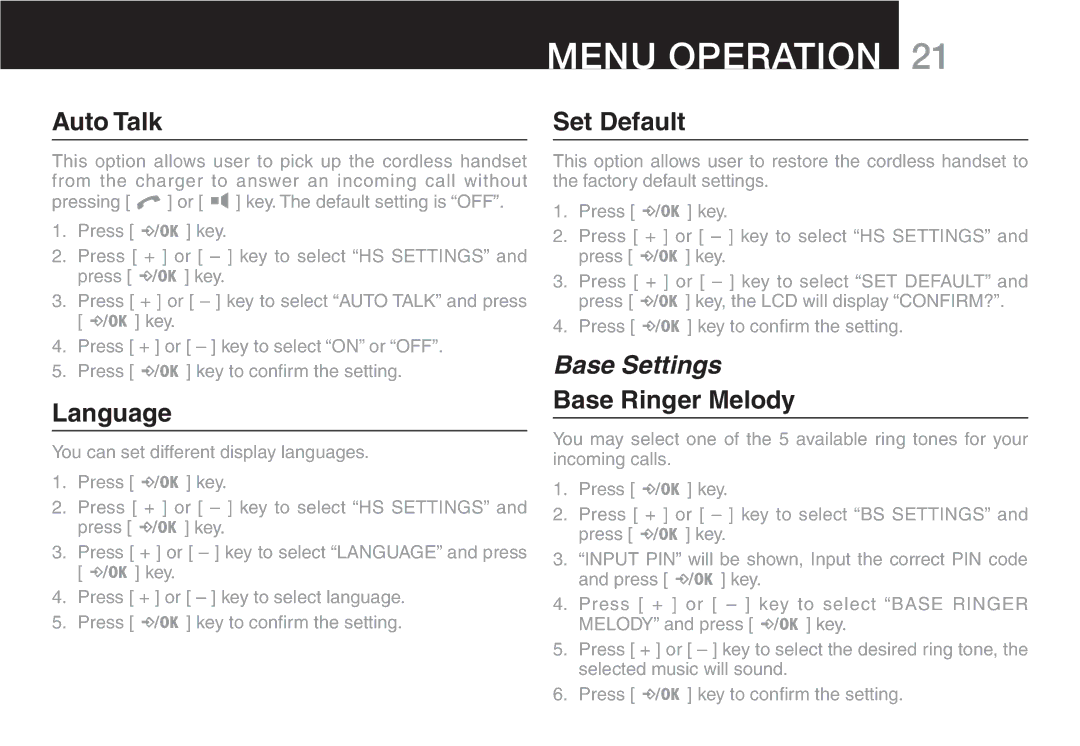 Oricom ECO90 manual Auto Talk, Language, Set Default, Base Ringer Melody, 9OU can SET DIFFERENTEDISPLAYYLANGUAGES 