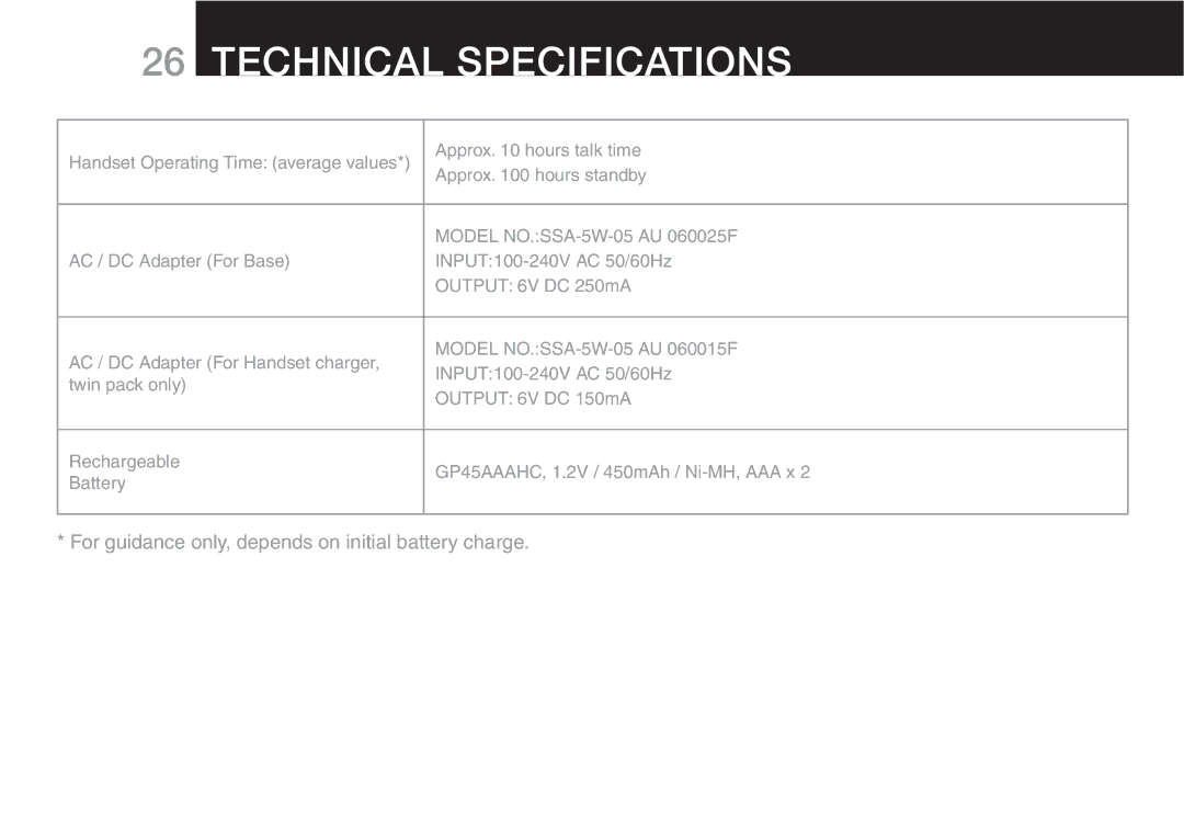 Oricom ECO90 manual Technical Specifications, For guidance only, depends on initial battery charge 