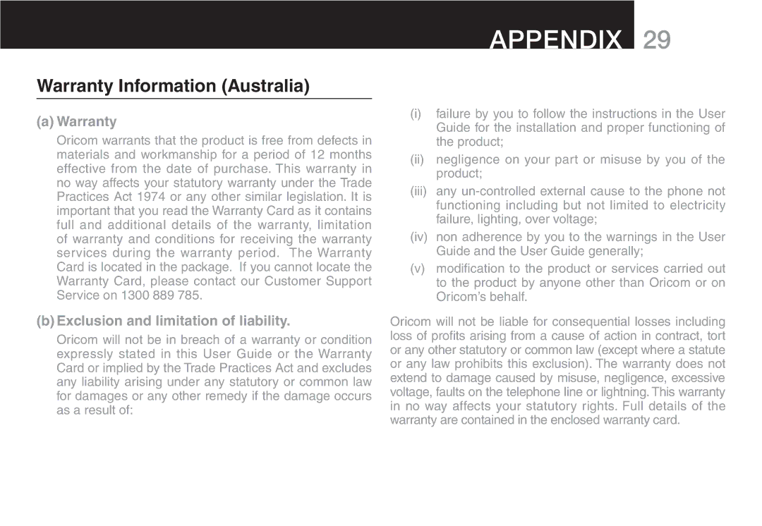 Oricom ECO90 manual Appendix, Warranty Information Australia, Product, Failure LIGHTINGHOVER VOLTAGE 