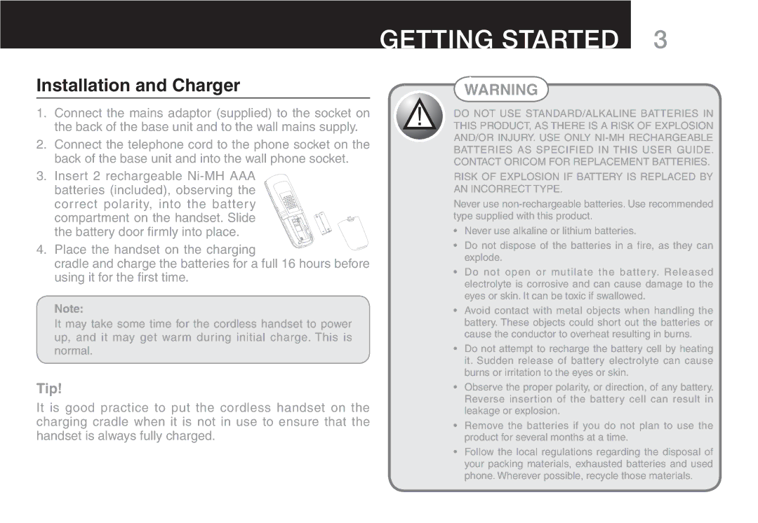 Oricom ECO90 manual Getting Started, Installation and Charger,  Nsertt  Rechargeable 