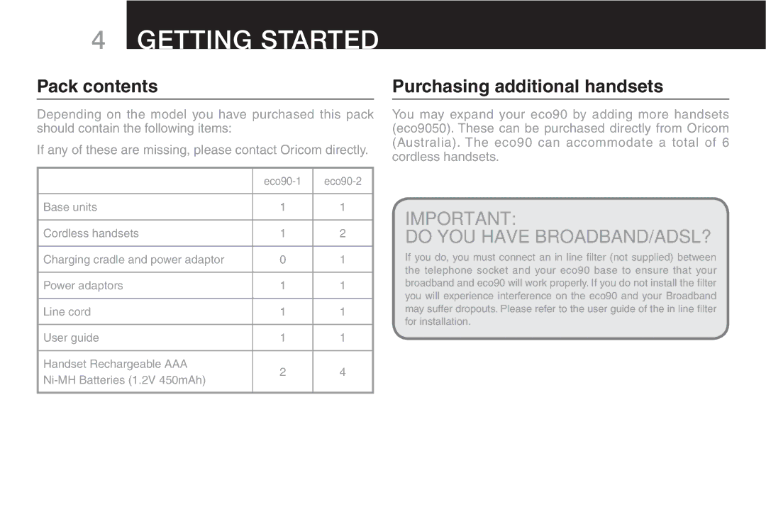 Oricom ECO90 manual Pack contents, Purchasing additional handsets 