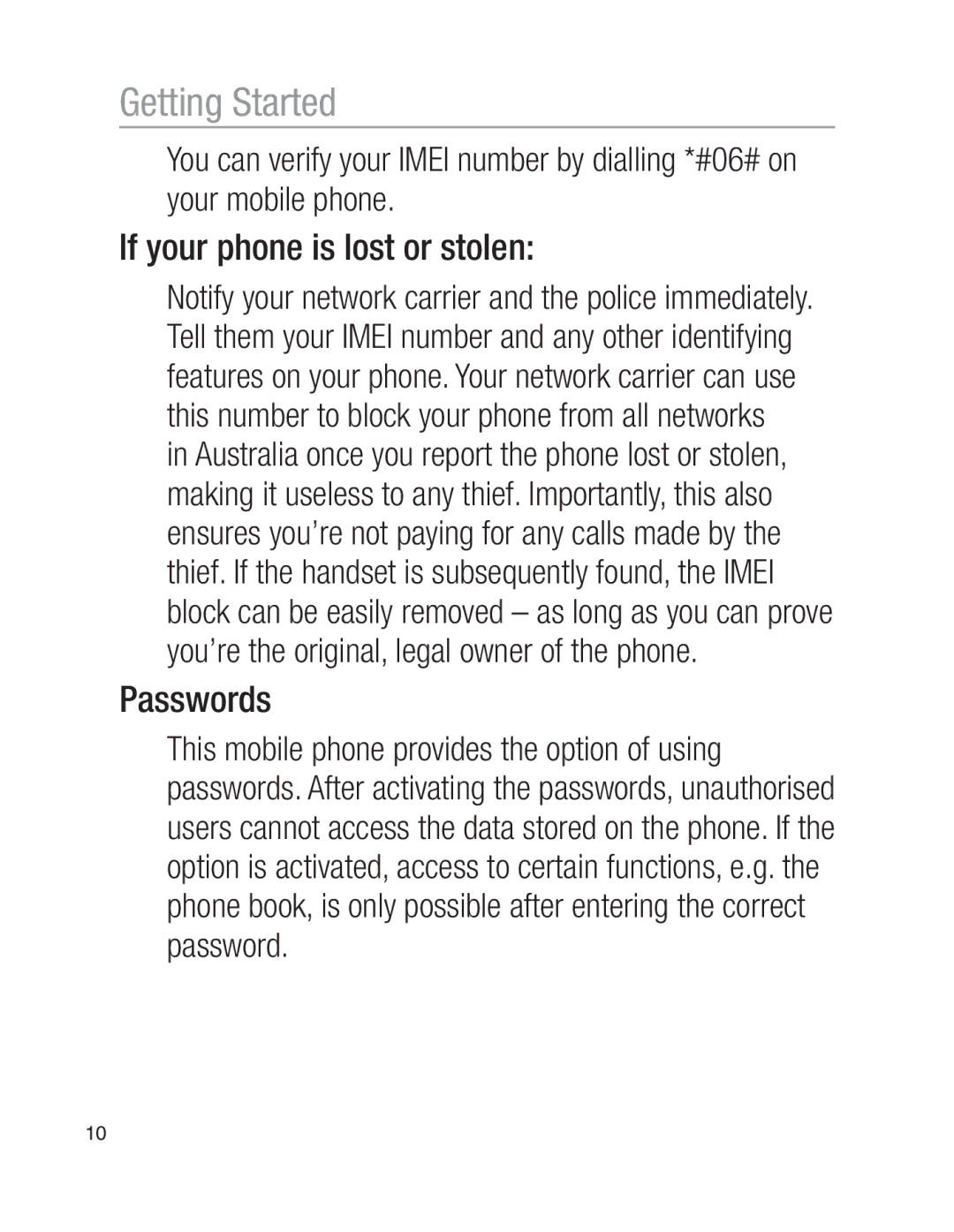 Oricom EZY100 operating instructions If your phone is lost or stolen, Passwords 