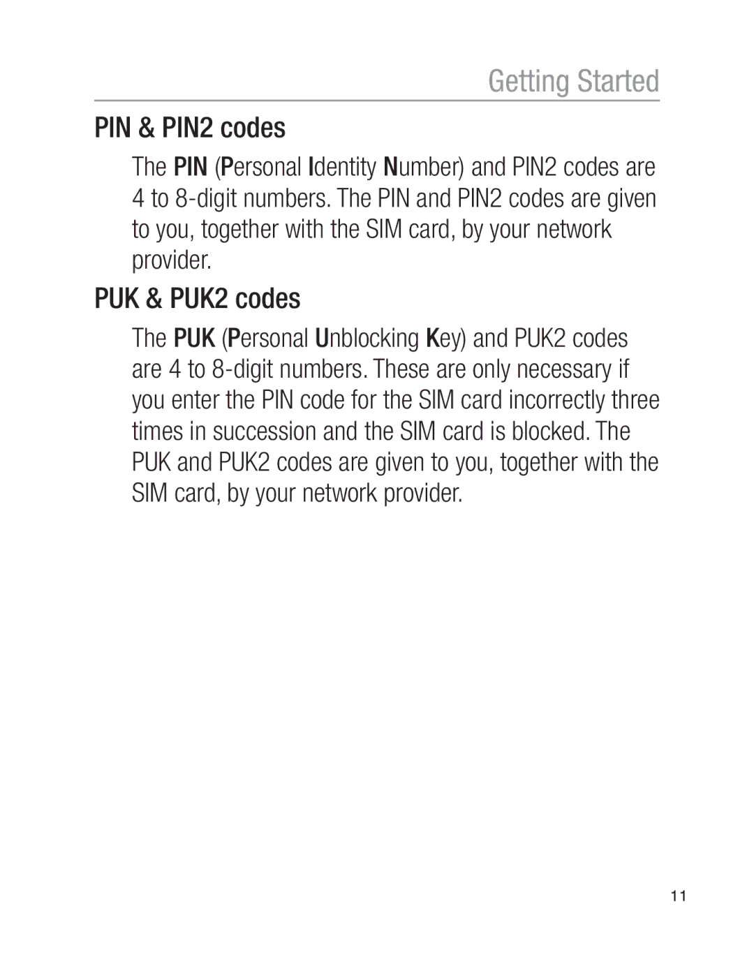 Oricom EZY100 operating instructions PIN & PIN2 codes, PUK & PUK2 codes 