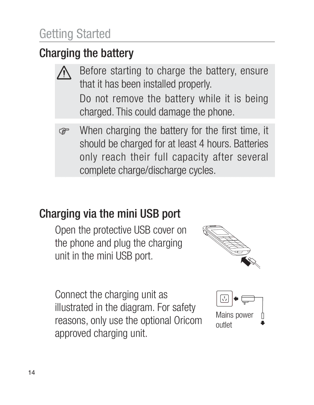 Oricom EZY100 operating instructions Charging the battery, Charging via the mini USB port 