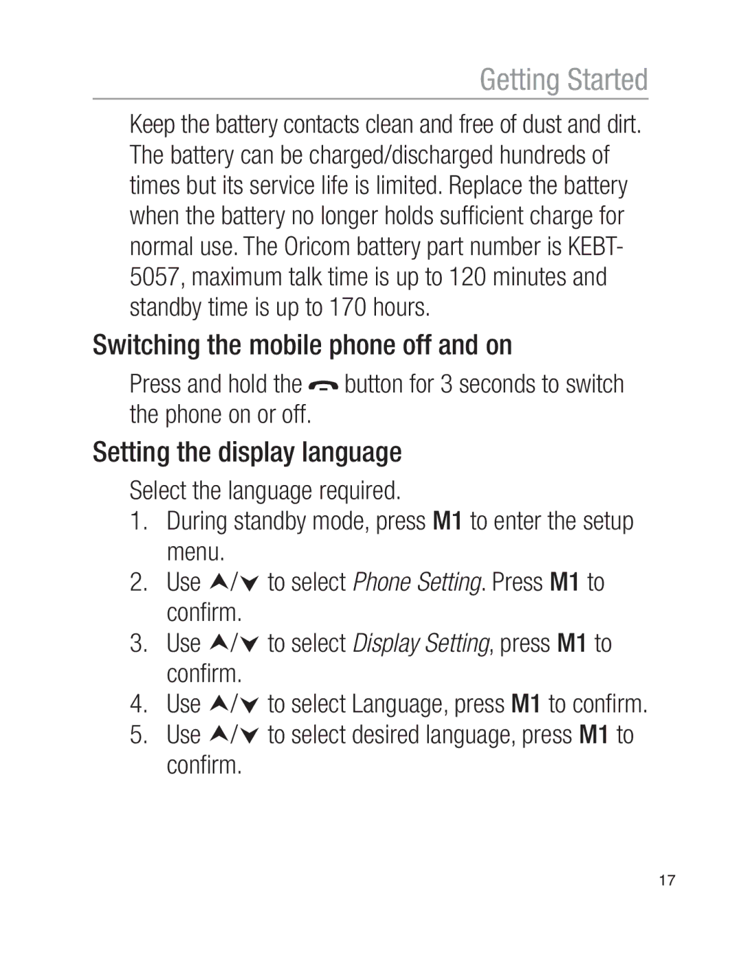 Oricom EZY100 operating instructions Switching the mobile phone off and on, Setting the display language 