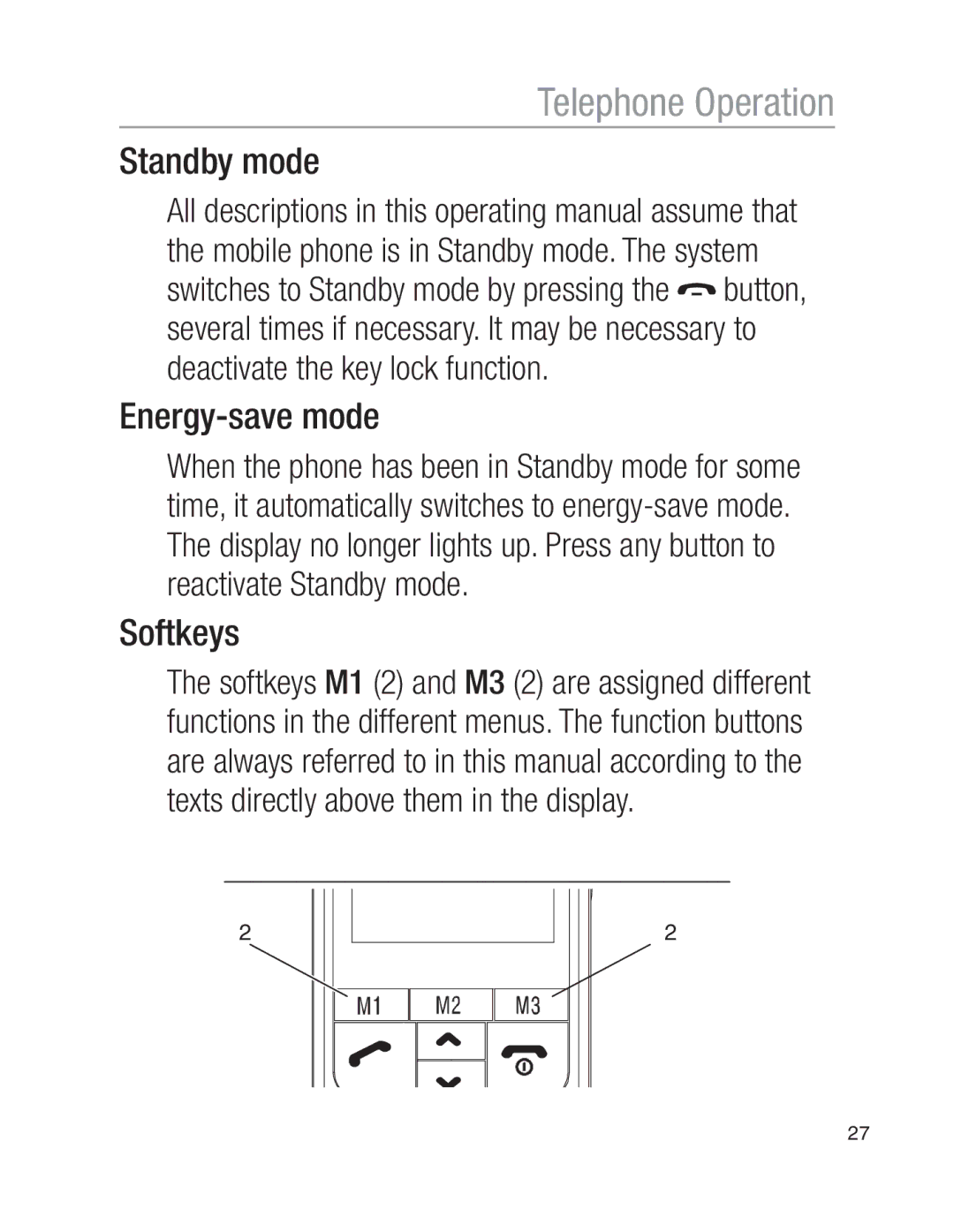 Oricom EZY100 operating instructions Standby mode, Energy-save mode, Softkeys 