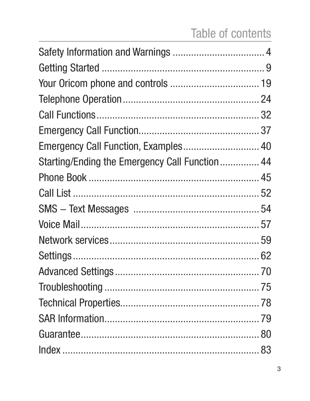 Oricom EZY100 operating instructions Table of contents 