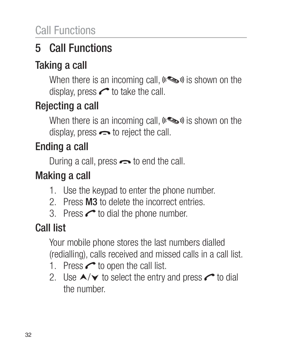 Oricom EZY100 operating instructions Call Functions 