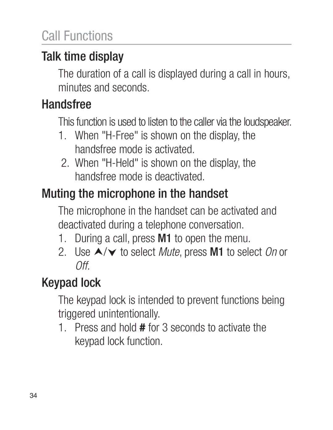 Oricom EZY100 operating instructions Talk time display, Handsfree, Muting the microphone in the handset, Keypad lock 