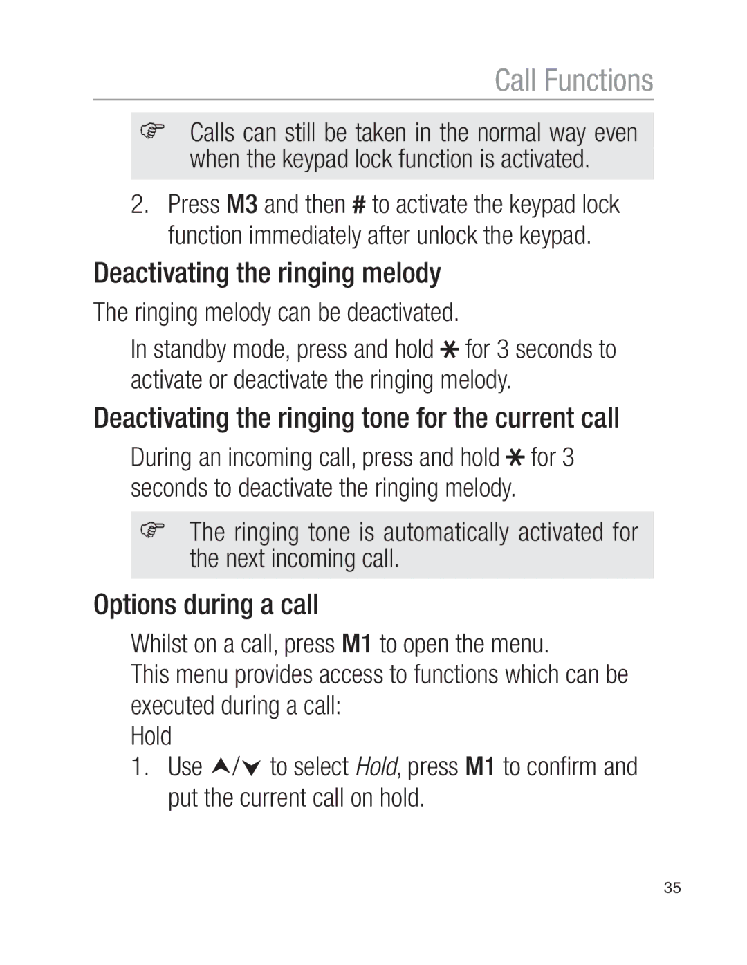 Oricom EZY100 Deactivating the ringing melody, Deactivating the ringing tone for the current call, Options during a call 