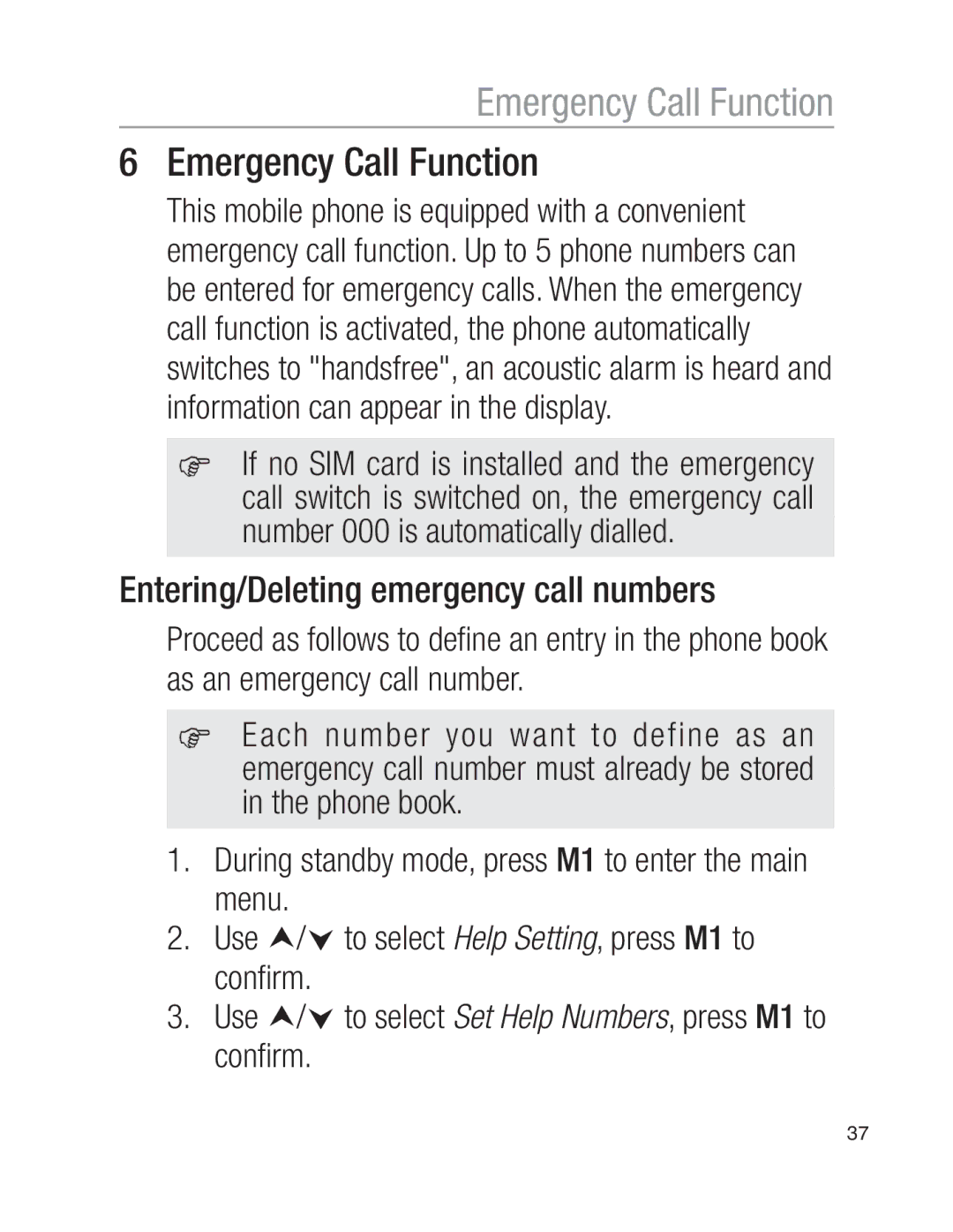 Oricom EZY100 operating instructions Emergency Call Function, Entering/Deleting emergency call numbers 