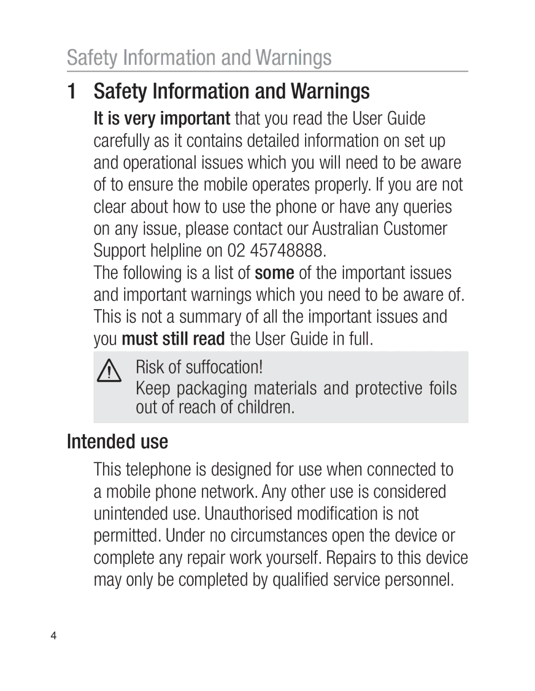 Oricom EZY100 operating instructions Safety Information and Warnings, Intended use 