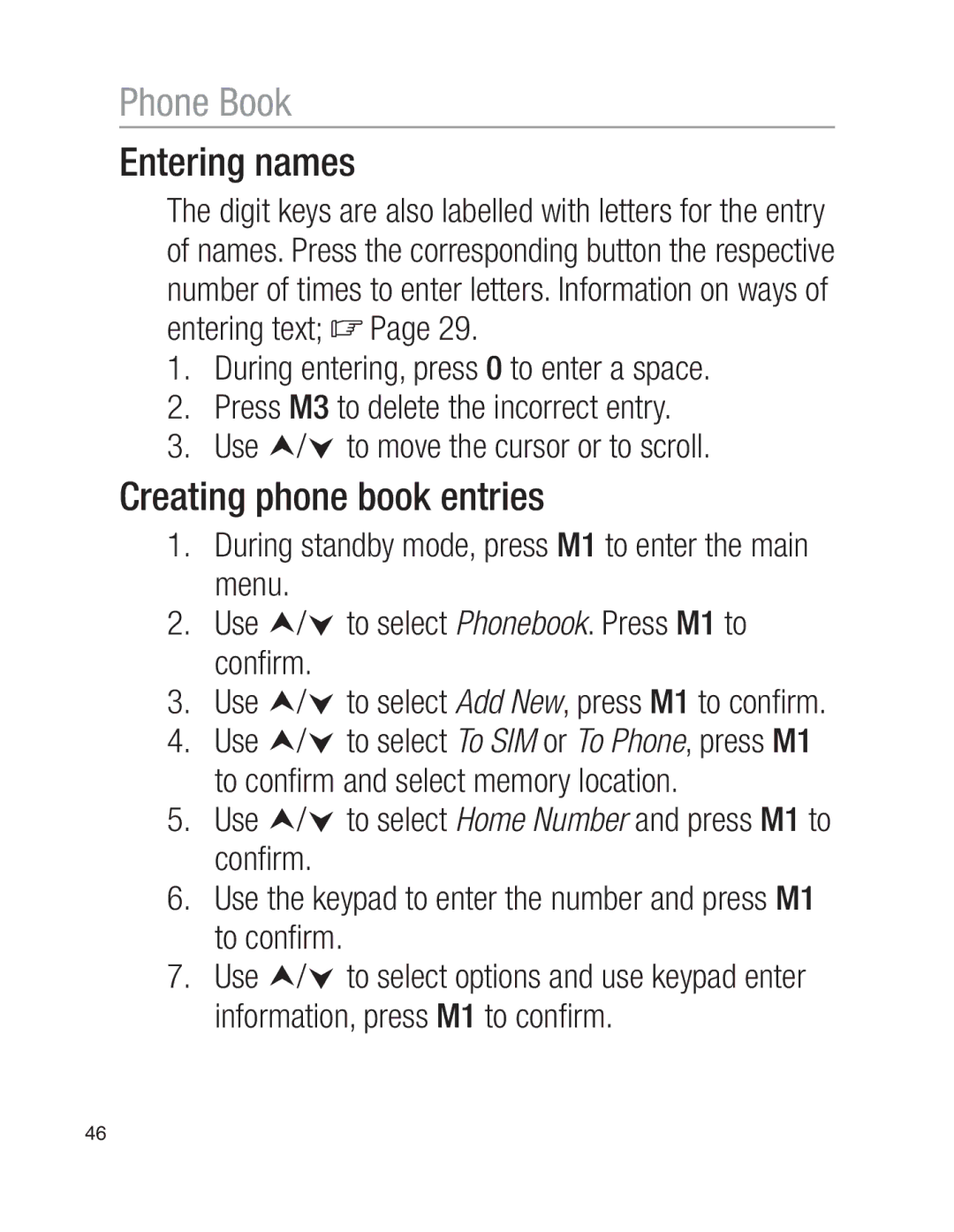 Oricom EZY100 operating instructions Entering names, Creating phone book entries 