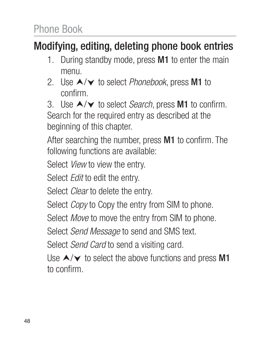 Oricom EZY100 operating instructions Modifying, editing, deleting phone book entries 