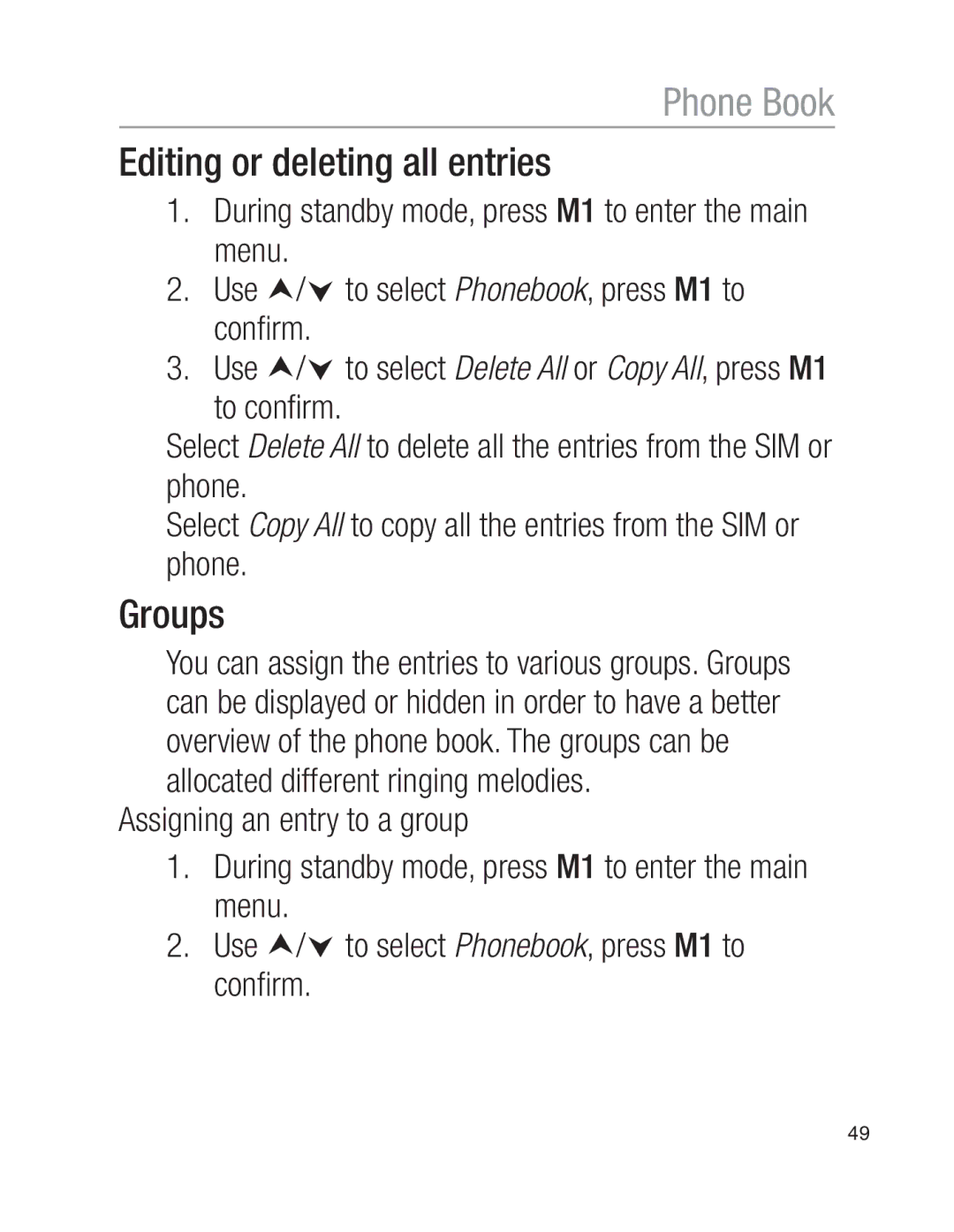 Oricom EZY100 operating instructions Editing or deleting all entries, Groups 