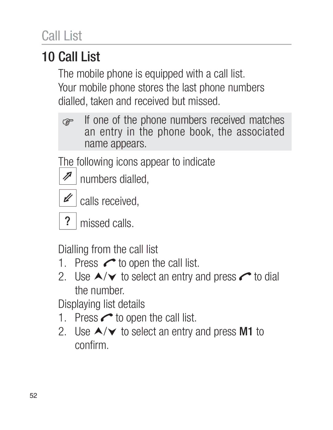 Oricom EZY100 operating instructions Call List 