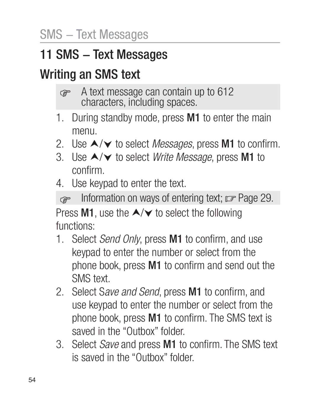 Oricom EZY100 operating instructions SMS − Text Messages Writing an SMS text 