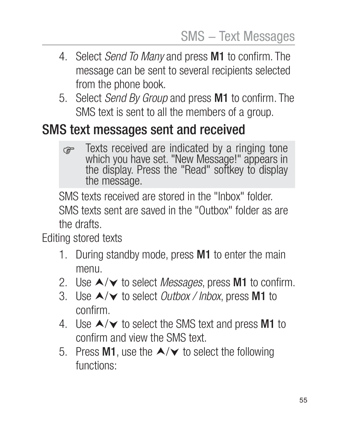 Oricom EZY100 SMS text messages sent and received, Use i/j to select Outbox / Inbox, press M1 to conﬁrm 