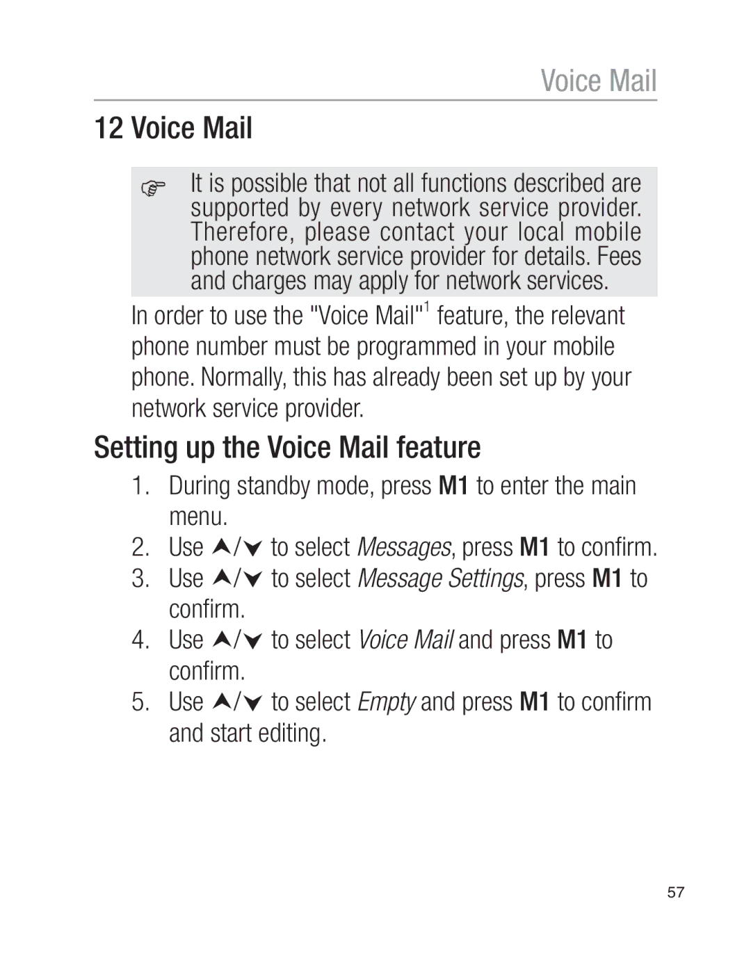 Oricom EZY100 operating instructions Setting up the Voice Mail feature 