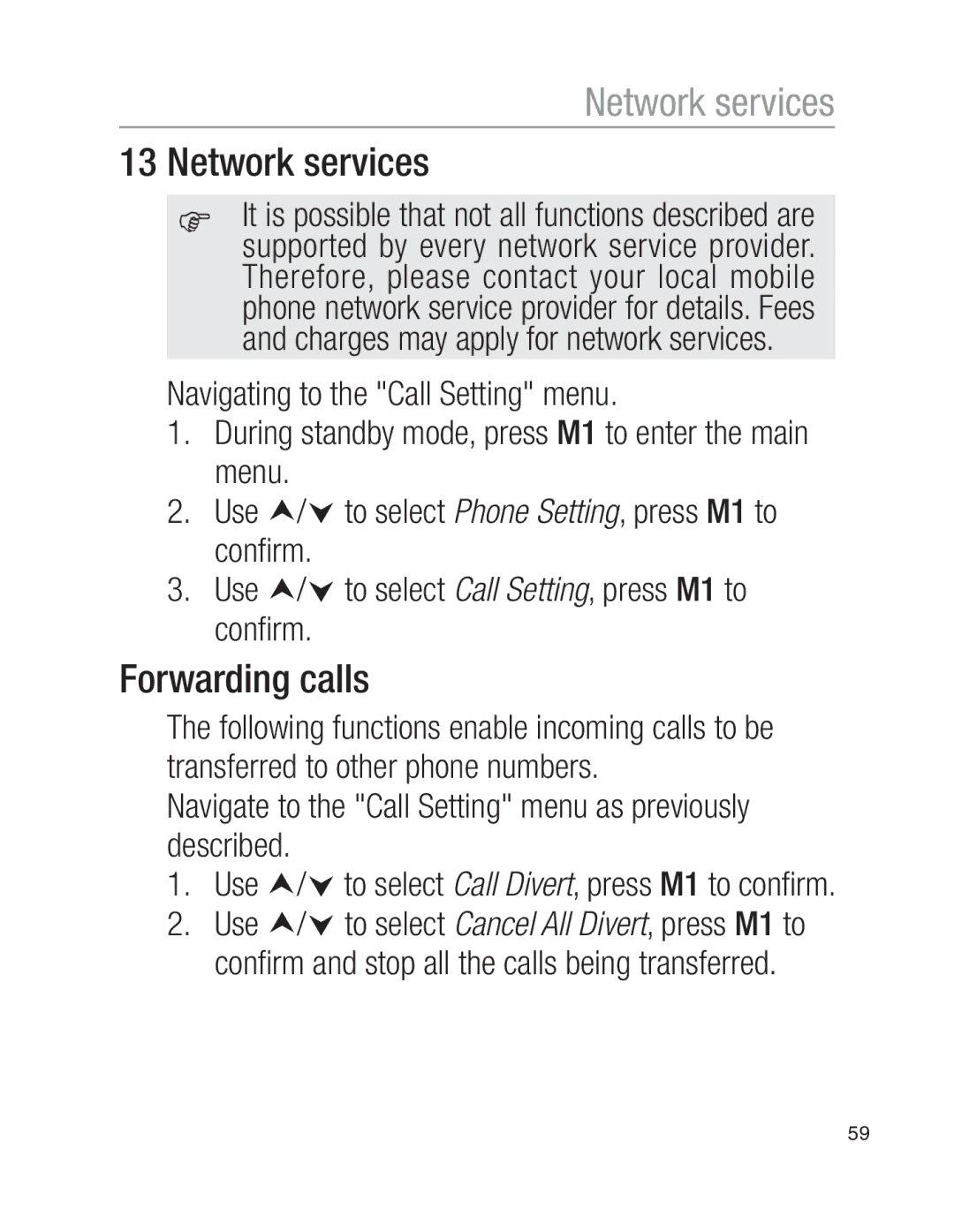 Oricom EZY100 Network services, Forwarding calls, Navigate to the Call Setting menu as previously described 