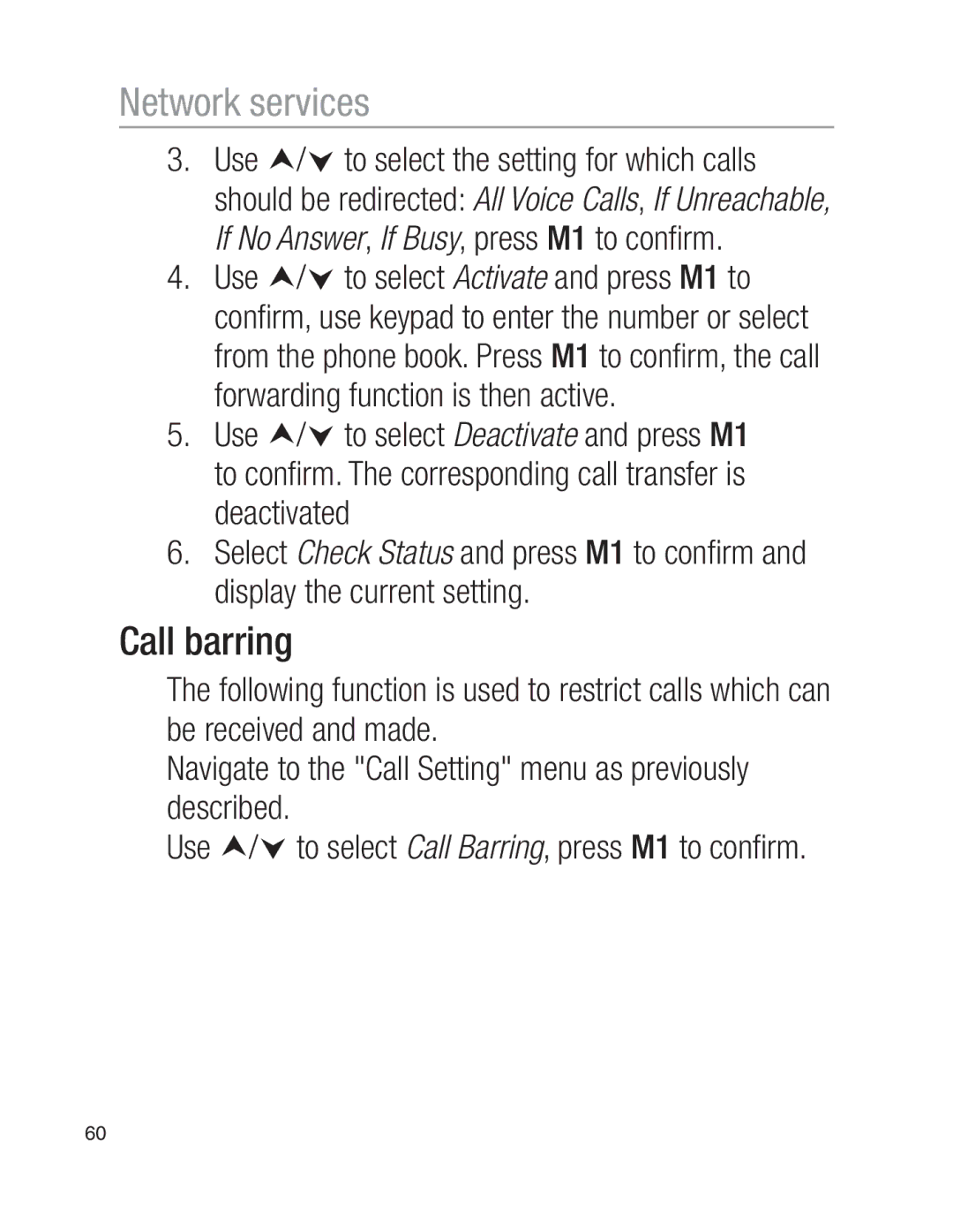 Oricom EZY100 operating instructions Call barring 