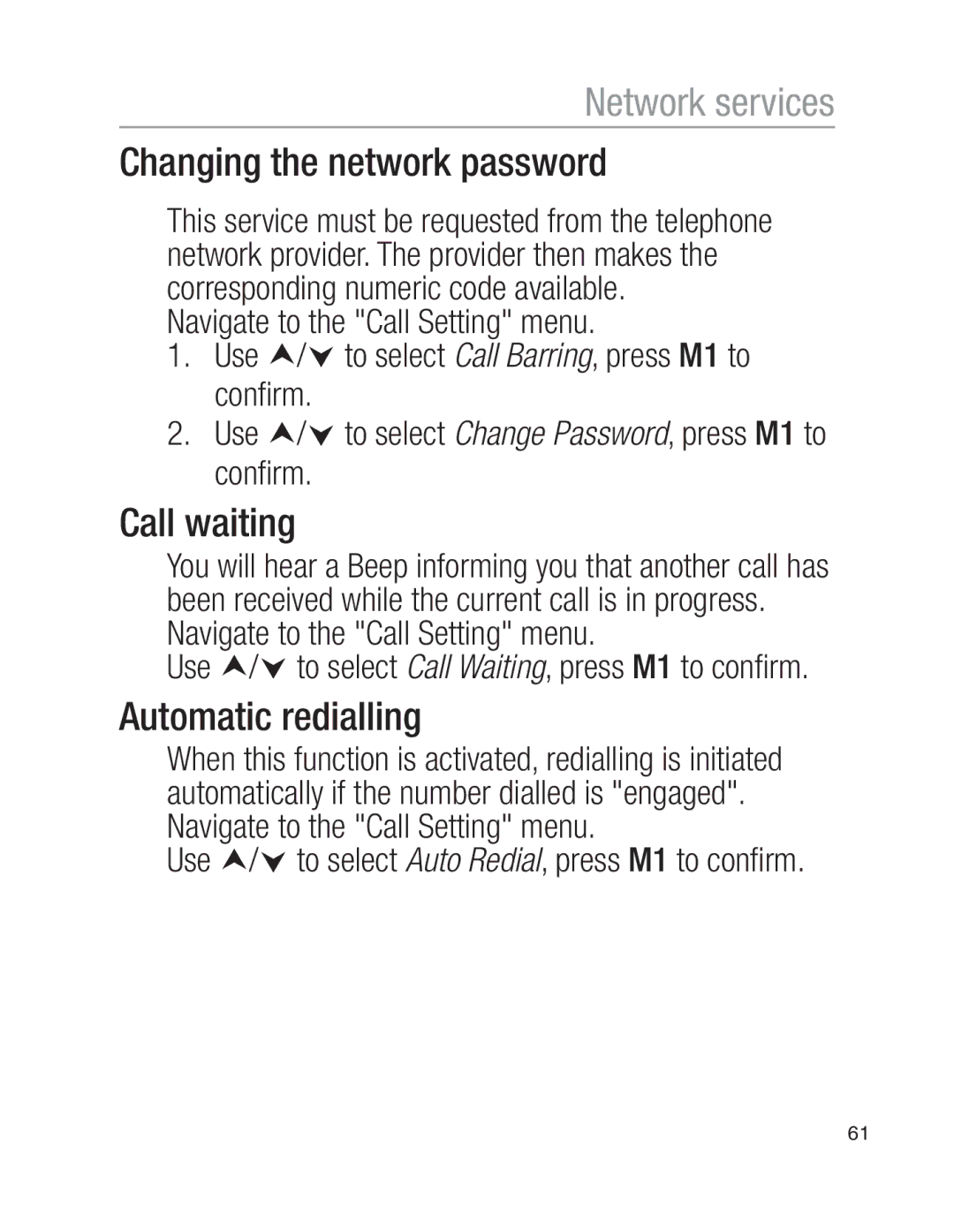 Oricom EZY100 operating instructions Changing the network password, Call waiting, Automatic redialling 