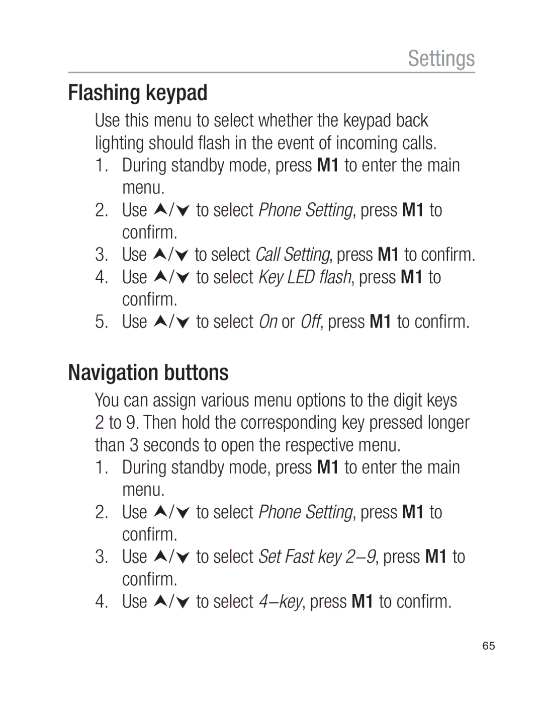 Oricom EZY100 Flashing keypad, Navigation buttons, You can assign various menu options to the digit keys 