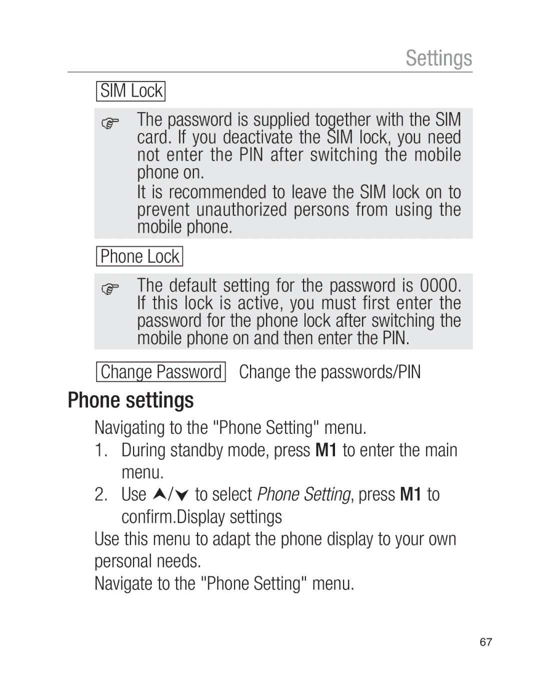 Oricom EZY100 operating instructions Phone settings, Change the passwords/PIN 