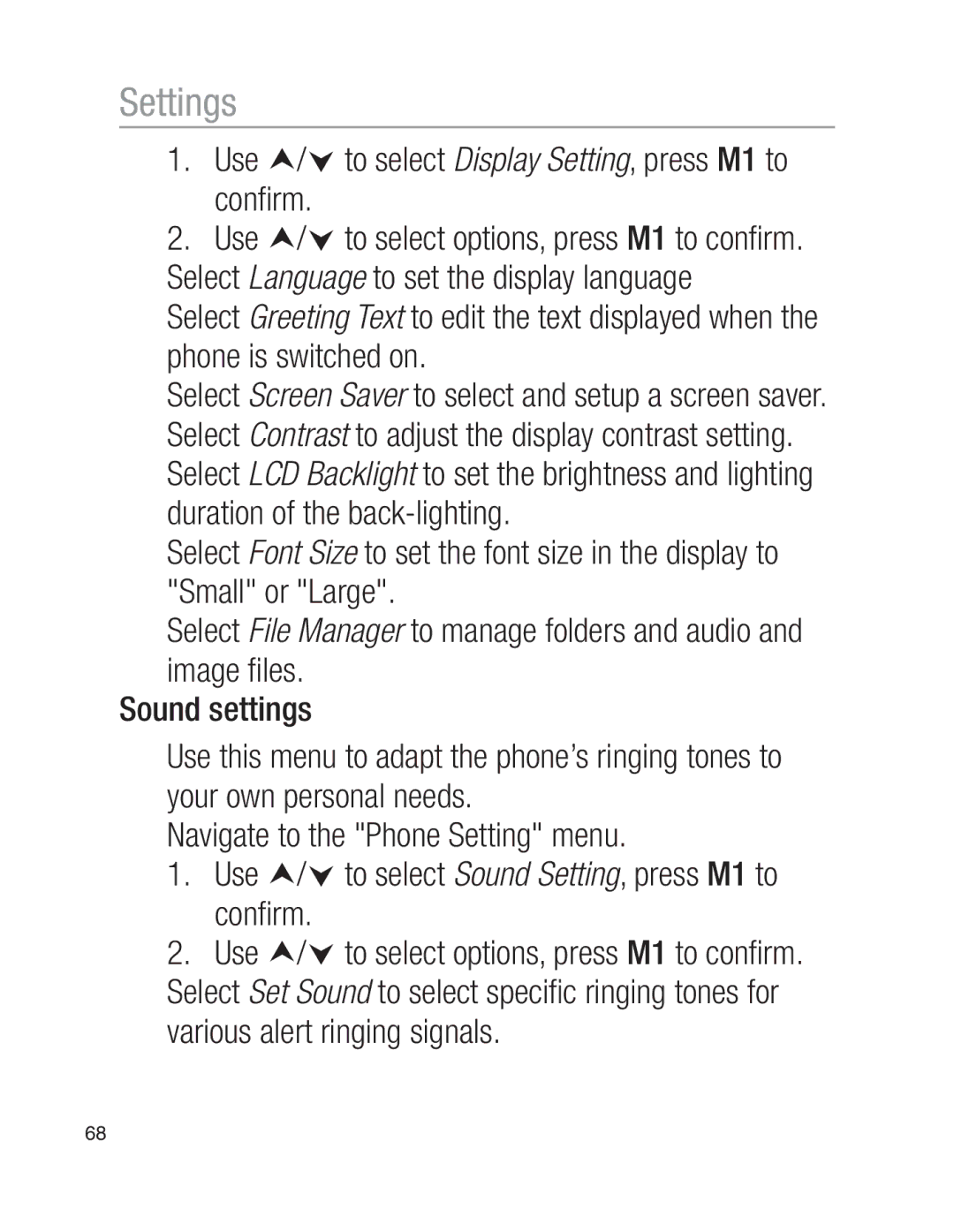 Oricom EZY100 operating instructions Use i/j to select Display Setting, press M1 to conﬁrm 