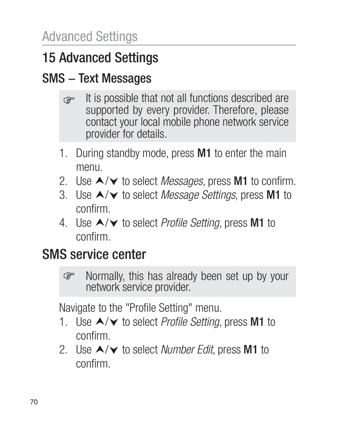 Oricom EZY100 operating instructions Advanced Settings, SMS service center, SMS − Text Messages 