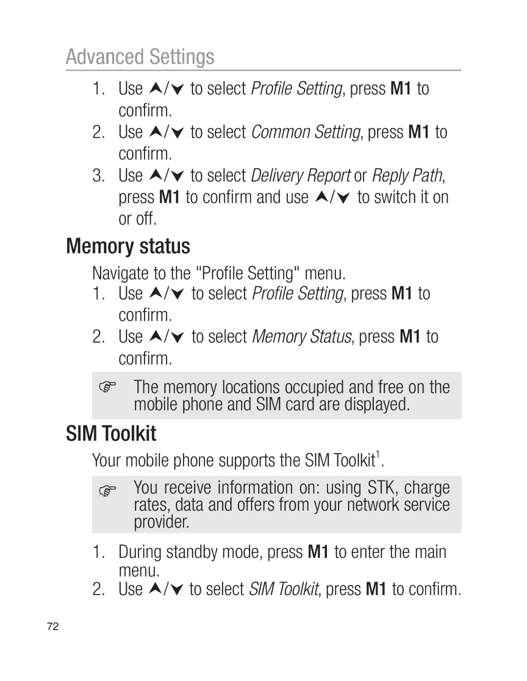 Oricom EZY100 operating instructions Memory status, SIM Toolkit 