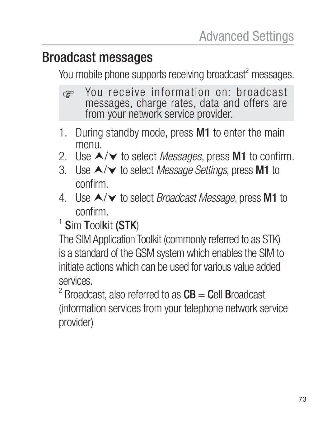 Oricom EZY100 Broadcast messages, Use i/j to select Message Settings, press M1 to conﬁrm, Conﬁrm Sim Toolkit STK 