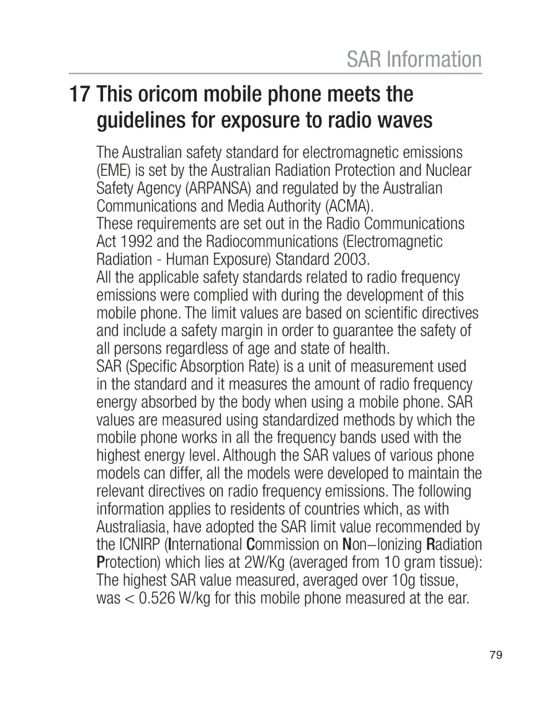 Oricom EZY100 operating instructions SAR Information 