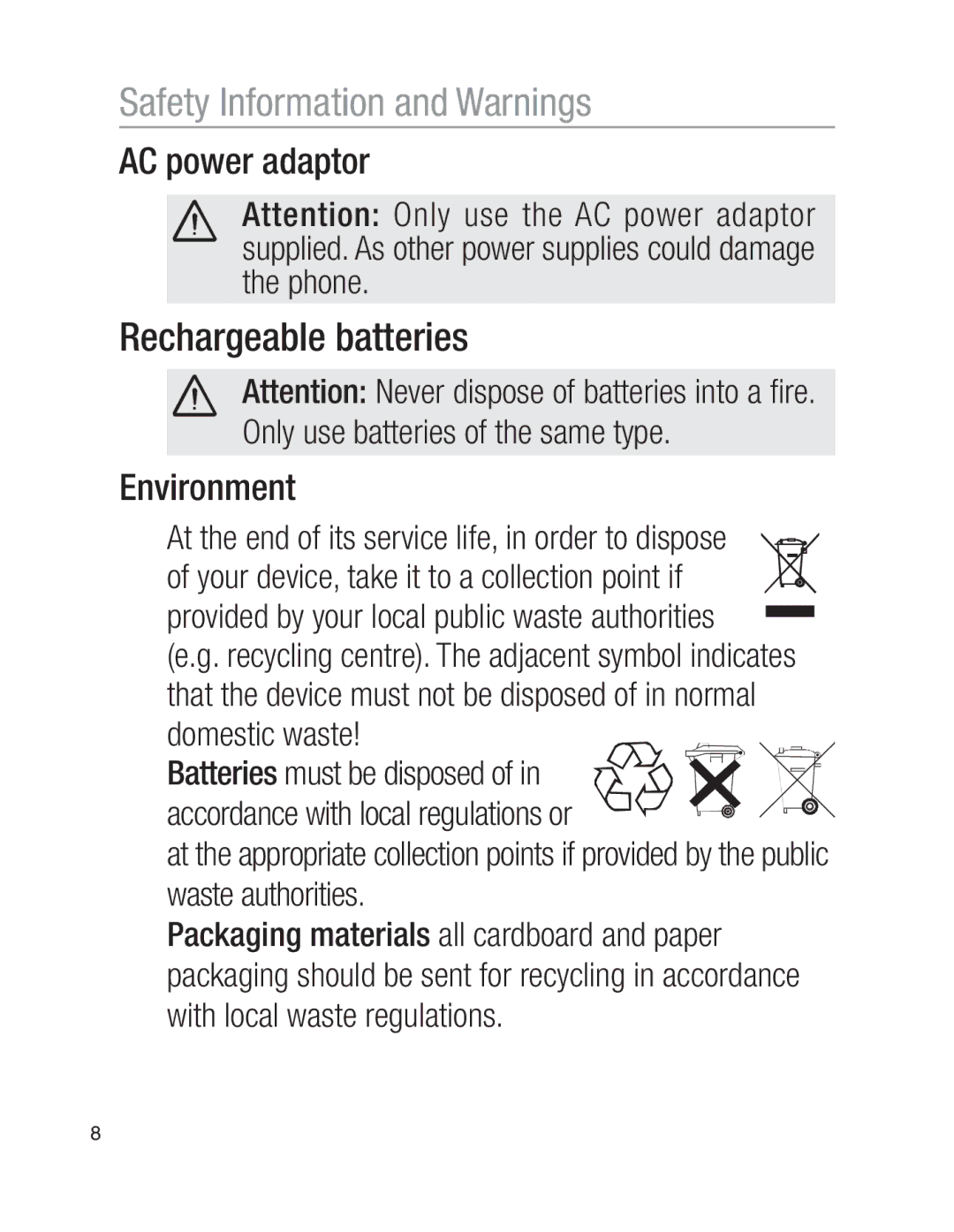 Oricom EZY100 operating instructions Rechargeable batteries, AC power adaptor, Environment 