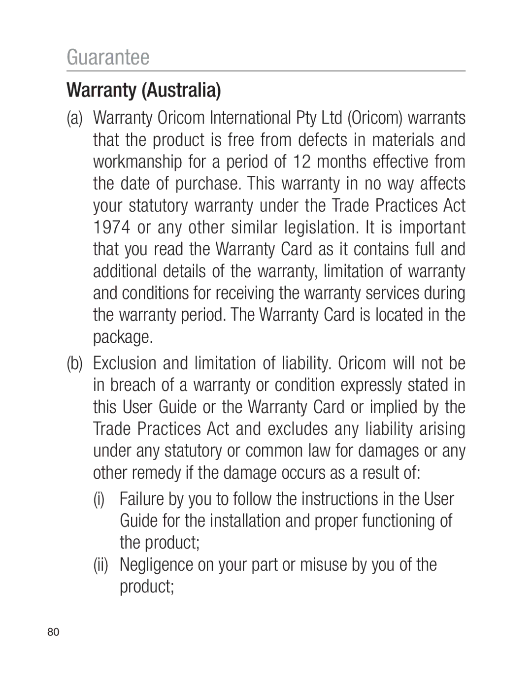 Oricom EZY100 operating instructions Guarantee, Warranty Australia 