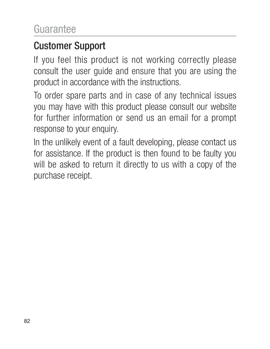 Oricom EZY100 operating instructions Customer Support 