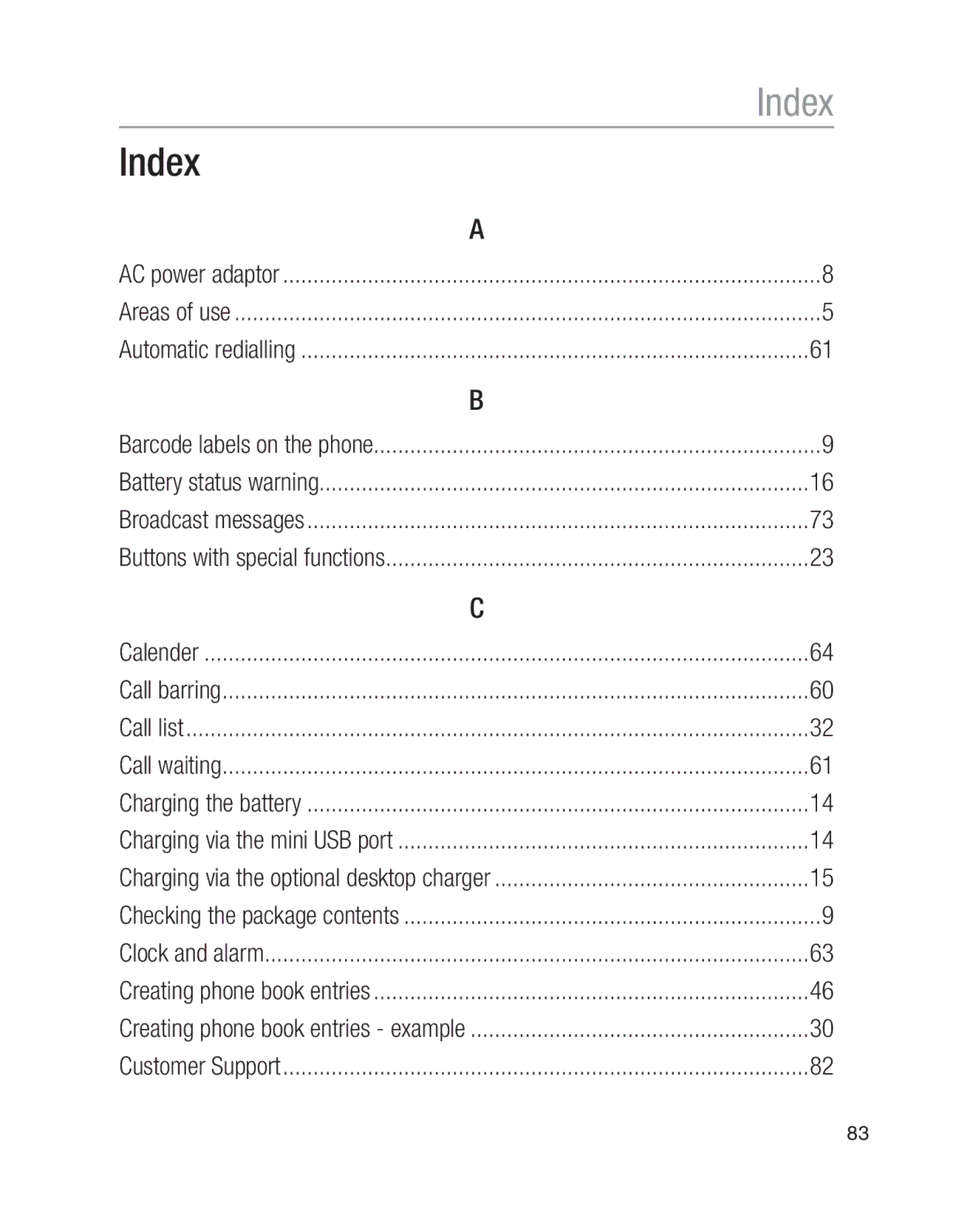 Oricom EZY100 operating instructions Index 