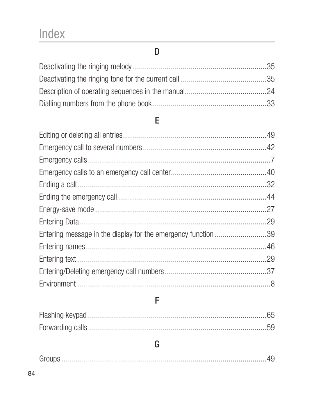 Oricom EZY100 operating instructions Index 