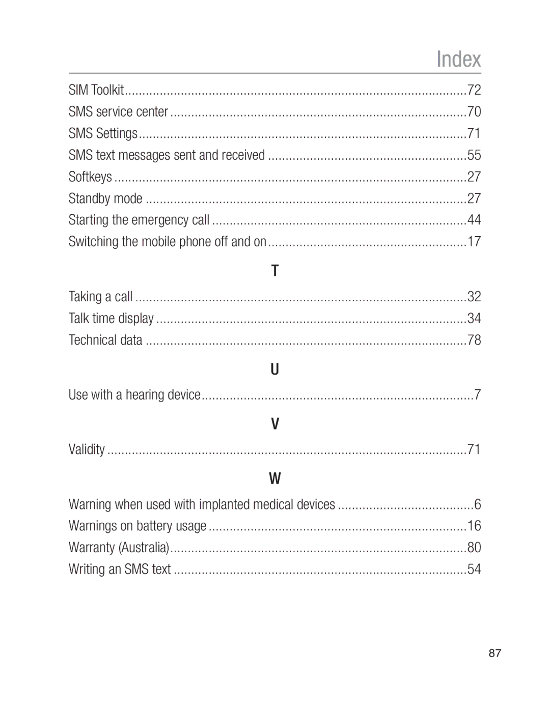 Oricom EZY100 operating instructions Index 